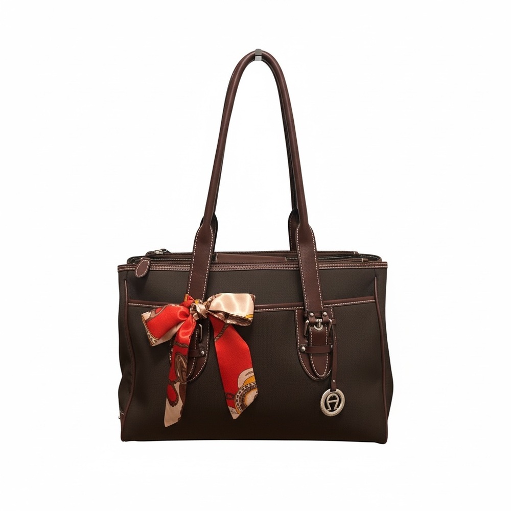 Etienne Aigner Brown Shoulder Nylon and Leather Tote Bag with Bag Scarf